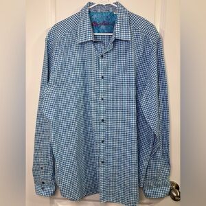 Robert Graham Blue Check Flip Cuffs Long Sleeve Mens 2XL Linen Cotton
